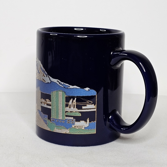 Seattle Coffee Mug Cup Space Needle City Skyline Mt. Rainier Blue & Gold Trim - Picture 4 of 7